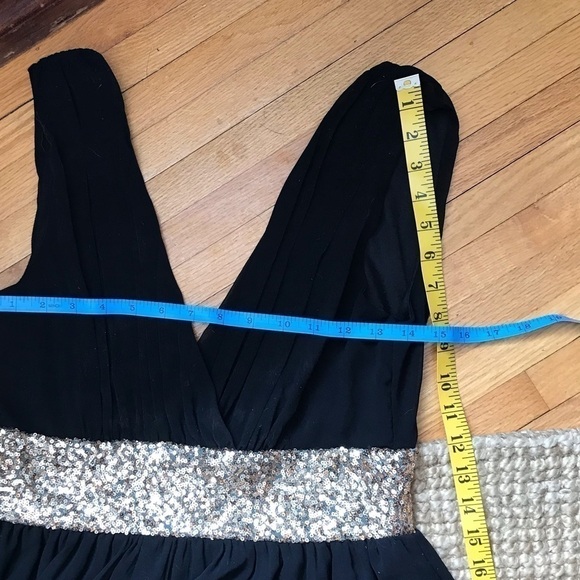 RED Clover Grecian style black backless dress with gold sequin accents. - Picture 4 of 9